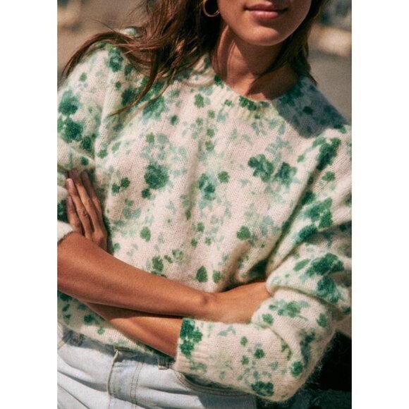 EUC Sezane Amaya Floral Mohair Wool Sweater Ecru Green Peonies XS - Picture 2 of 9